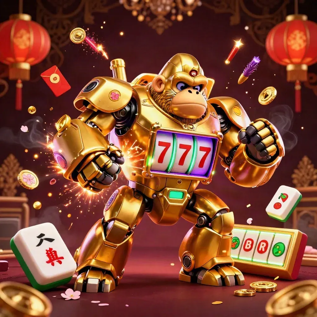 Golden gorilla mech with tiny monkey pilot erupts amid lanterns, coins, petals, and jade bursts.