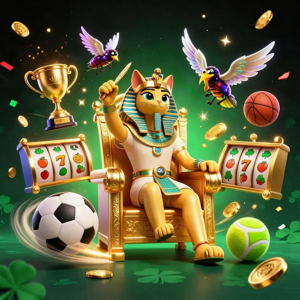 Pharaoh cat, ibis scribe, and scarab wings amid coins, sports balls, and emerald casino glow.