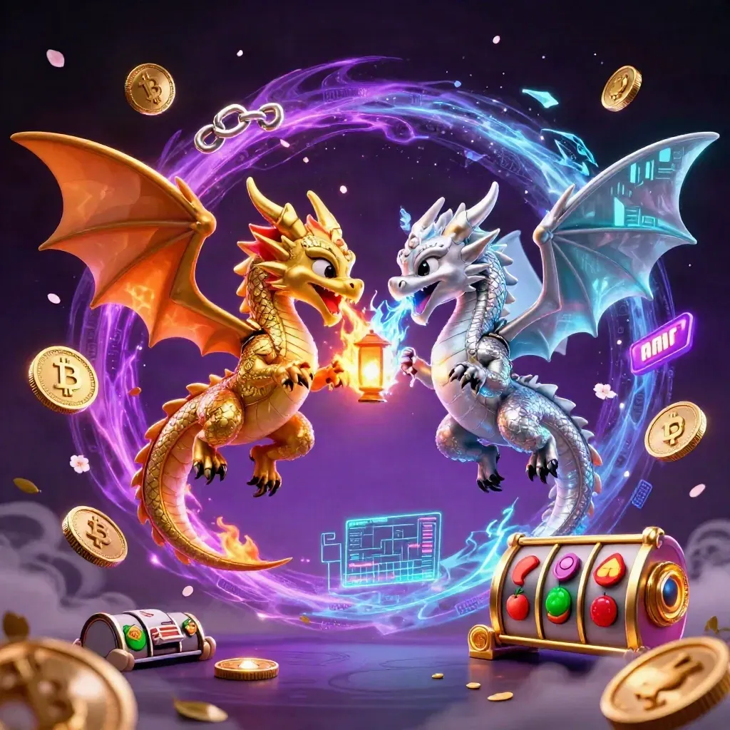 Gold and silver dragons spiral with lantern spirit, coins, lightning, petals, and neon casino energy.