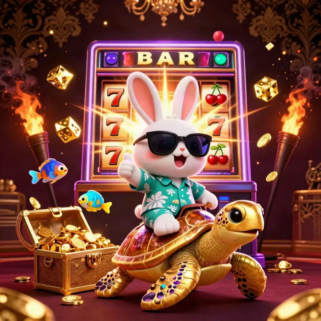 Lucky rabbit rides a golden sea turtle amid slot bursts, gems, dice, and tropical fish.