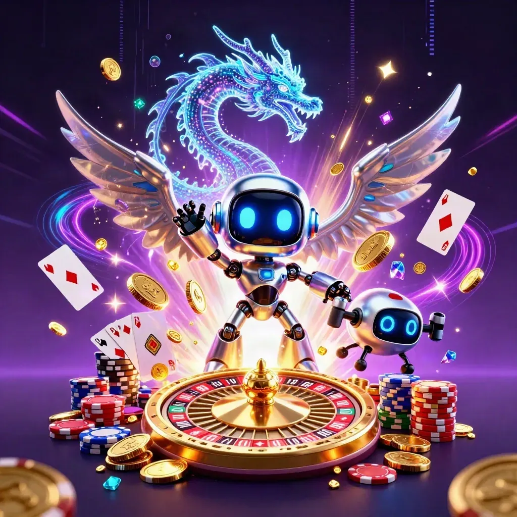 Cyberpunk robot, holographic dragon, and coin drone amid gold bursts and neon purple energy.