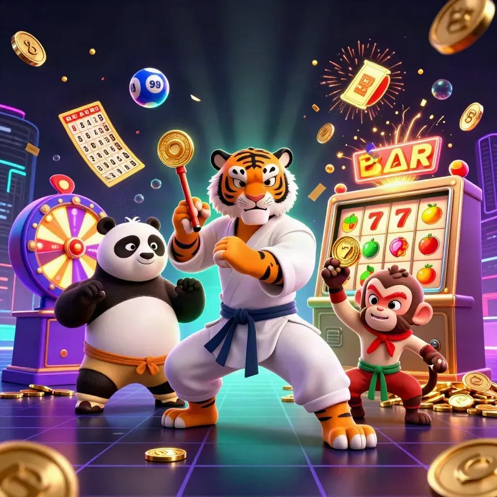 Kung-fu tiger, panda, and monkey amid casino reels, coins, fireworks, and neon gold bursts.