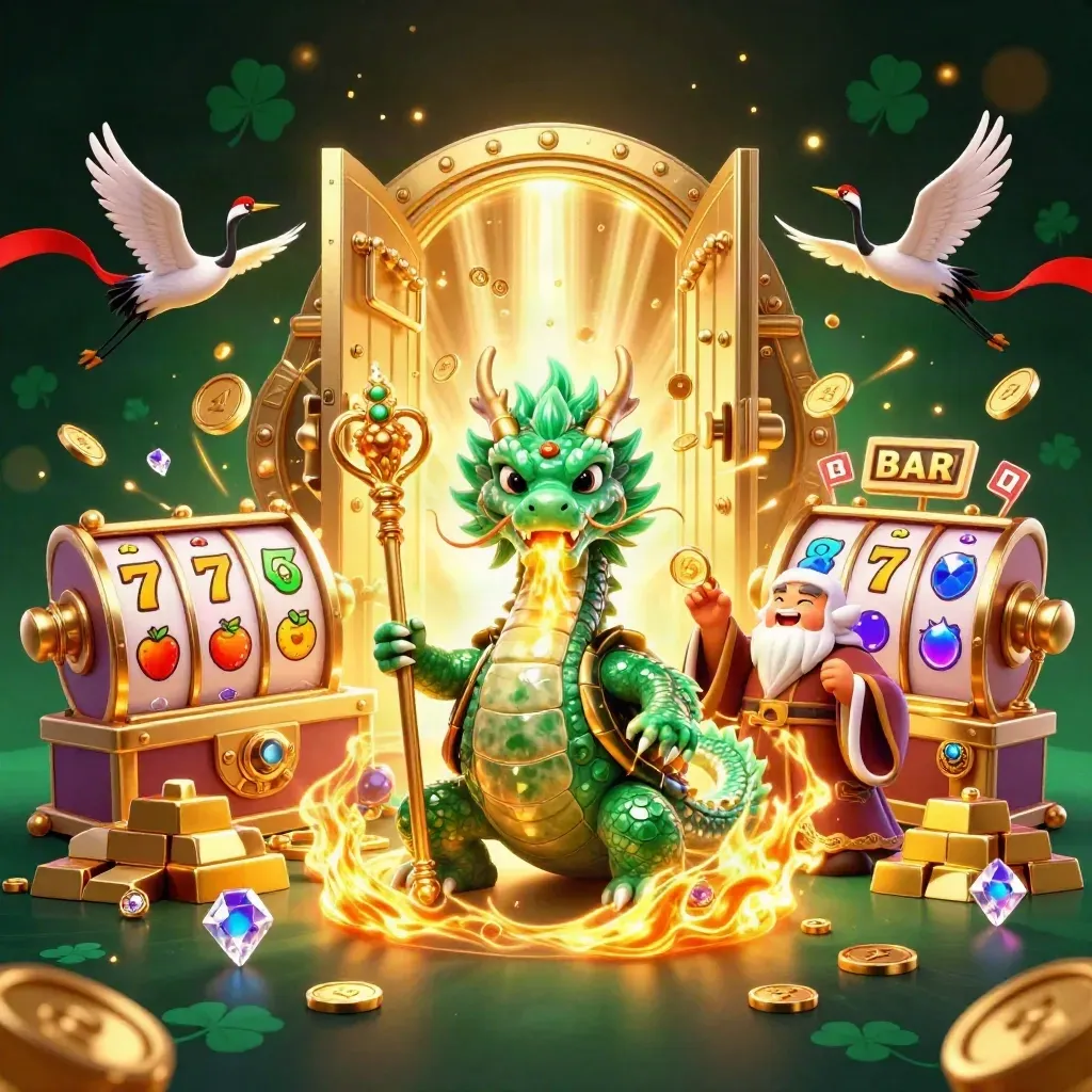 Emerald dragon, turtle sage, and cranes bursting from a gold vault with casino loot and firelight.