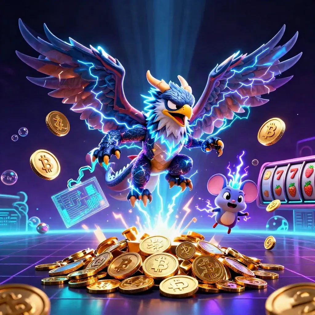 Thunder dragon, wind hawk, and static mouse burst with coins, slots, lightning, and neon casino glow.