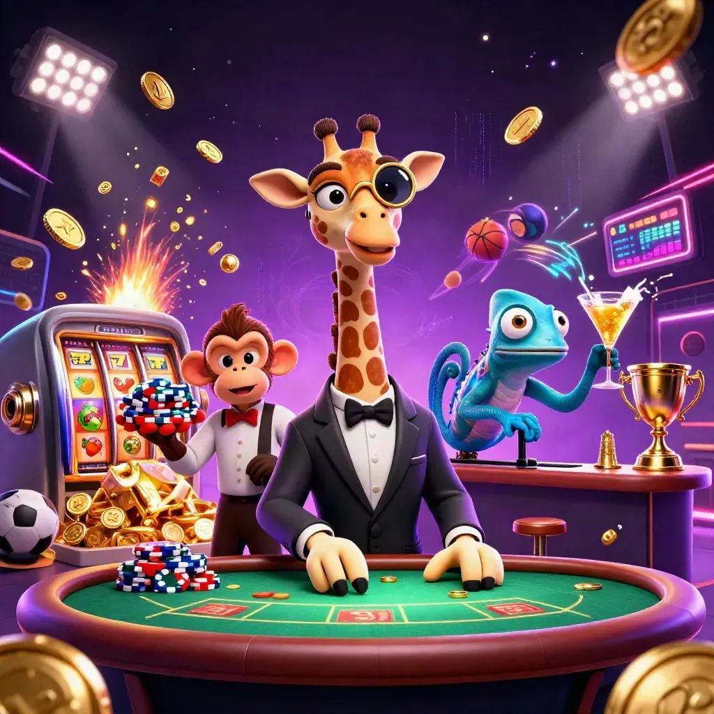 3D giraffe, monkey, and chameleon amid coins, reels, sports balls, trophy, and neon casino energy