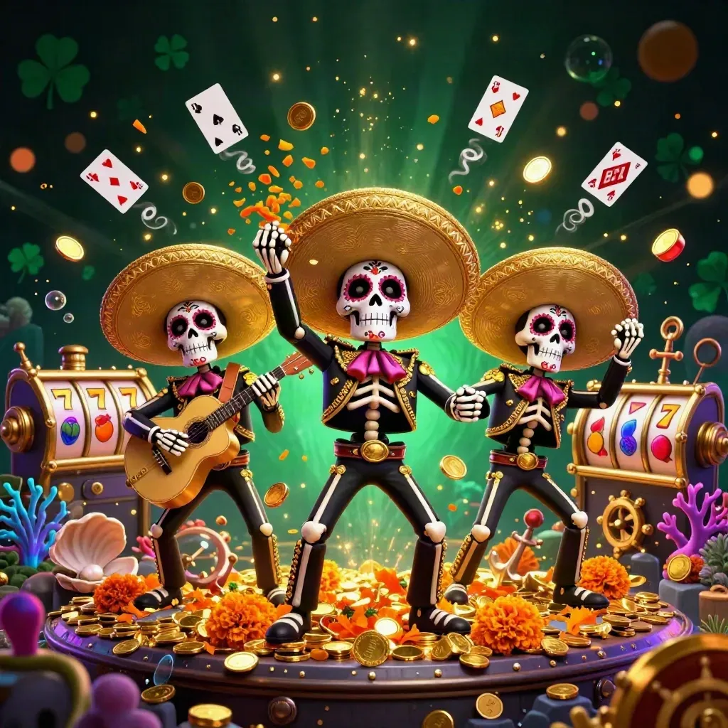 Three skeleton mariachi dancers amid coin showers, coral, cards, and casino lights.