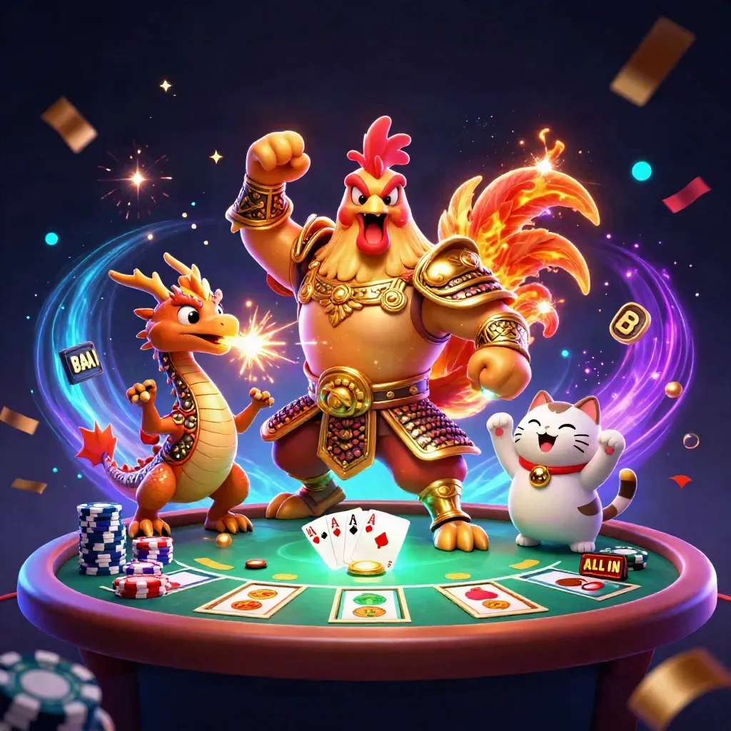 Rooster warrior, dragon hatchling, and fortune cat amid casino chips and glowing slot effects.
