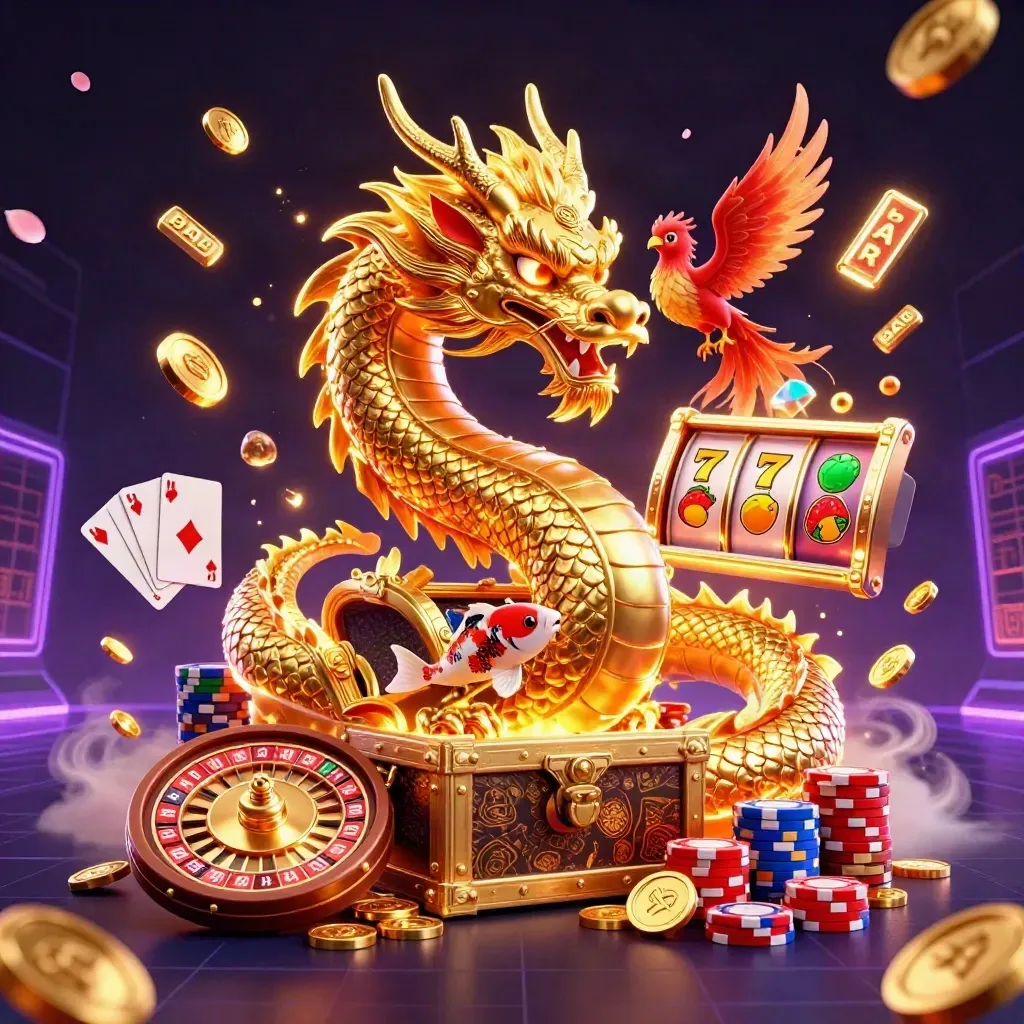 Golden dragon with phoenix and koi amid coins, cards, chips, and neon casino effects.