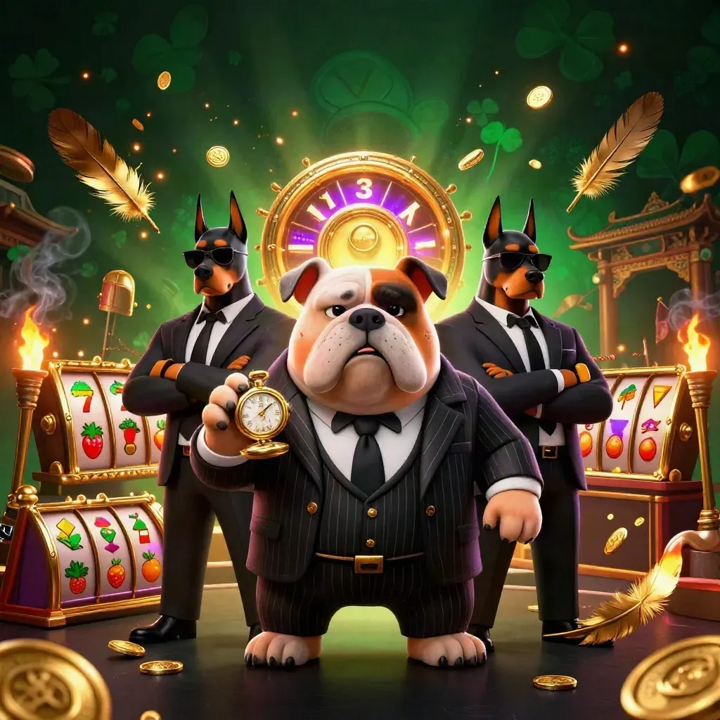 Mafia-boss bulldog with two Dobermans amid gold coins, reels, temple gate, and ember-lit casino glow