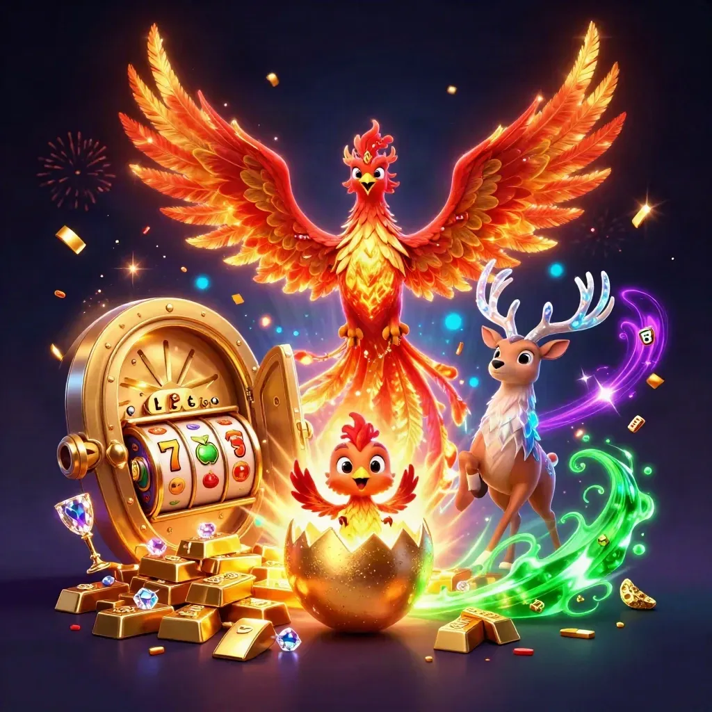 Fire phoenix, baby phoenix, and crystal stag burst through gold treasure in a neon casino scene.
