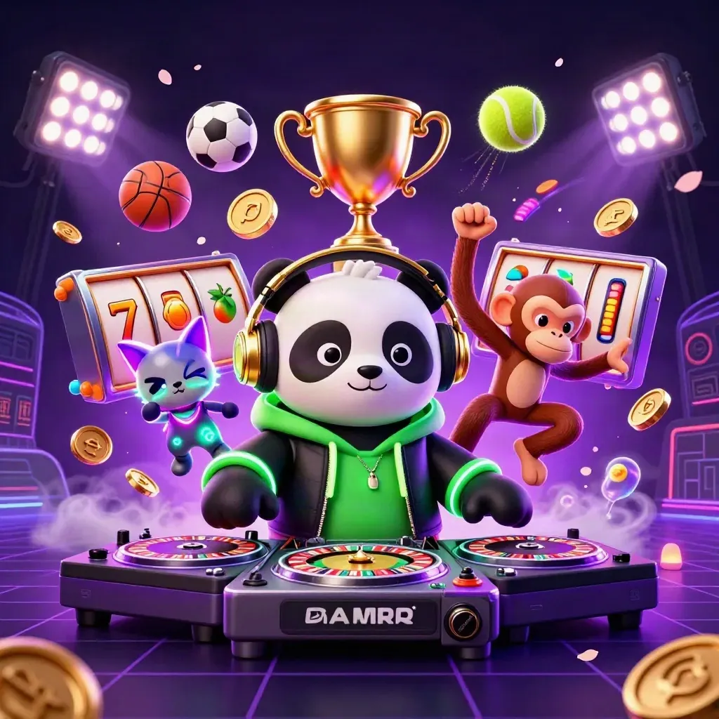 Panda DJ, breakdancing monkey, and glow kitten amid casino lights, coins, and slot symbols.