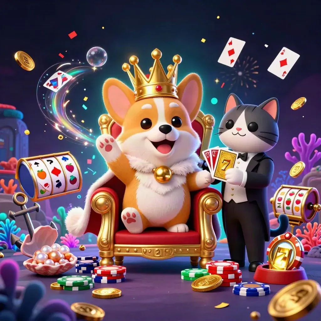 Royal corgi and cat butler amid gold coins, neon reels, and treasure-cove magic
