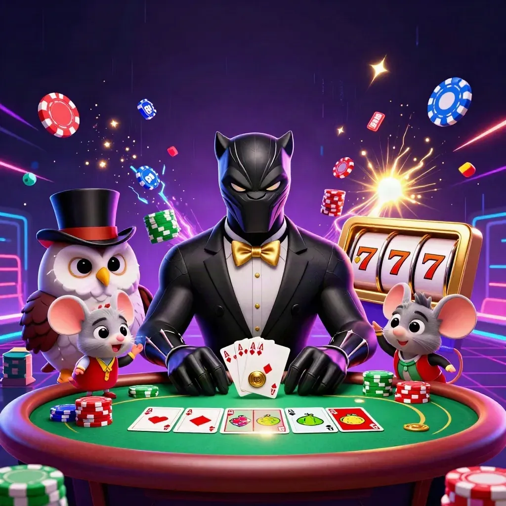Panther, owl, and mouse at a neon casino table with chips, aces, and slot symbols