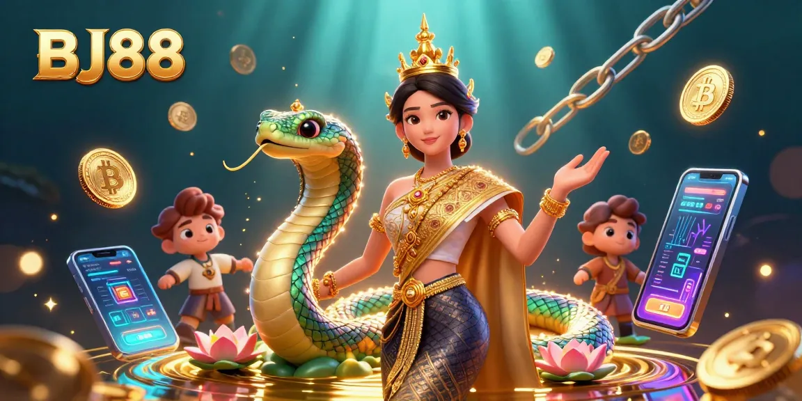 Engage in thrilling gameplay with BJ88's vibrant 3D online casino illustration featuring dynamic characters and crypto elements.