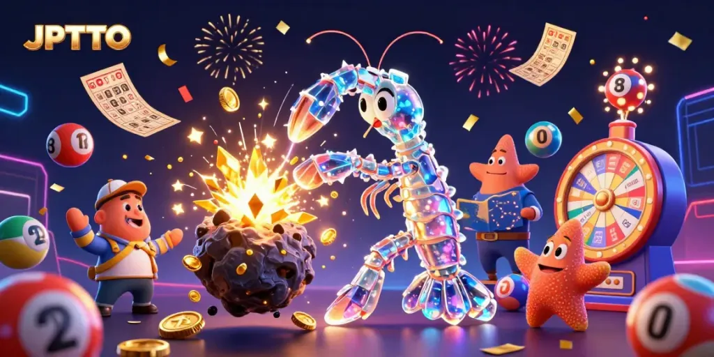 Ilustrasi 3D JPTOTO, samurai mantis udang futuristik menghancurkan asteroid berkilau dengan bola lotere dan tiket emas.