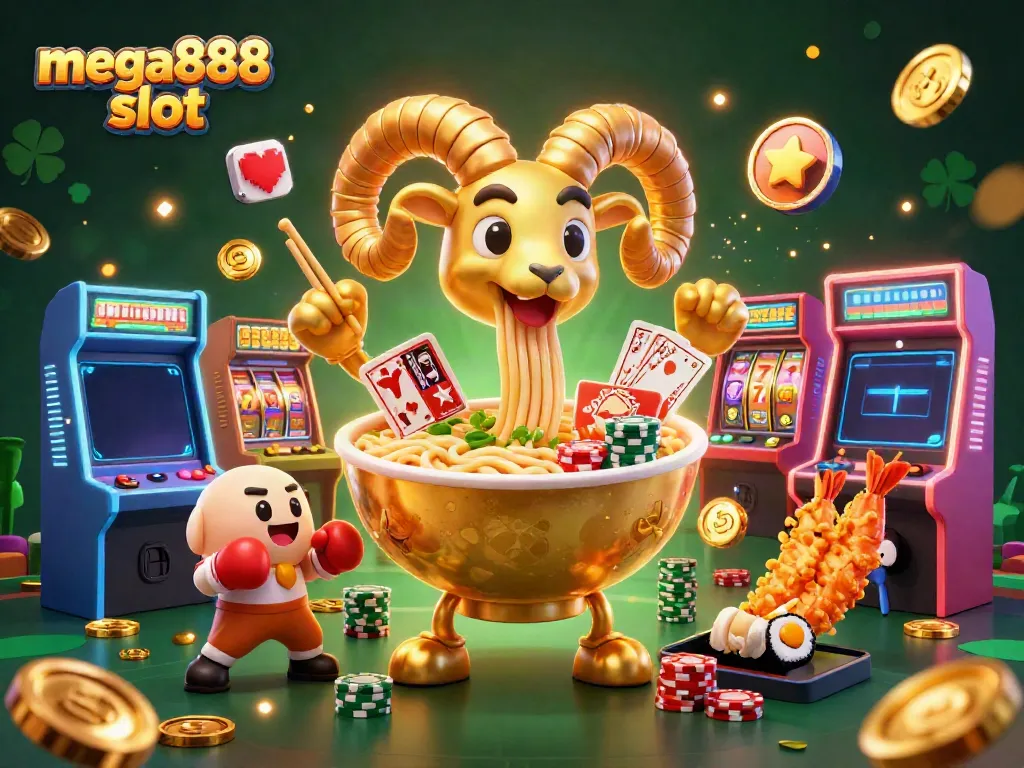 Engage in mega888 slot excitement with dynamic characters, games, and vibrant casino elements.