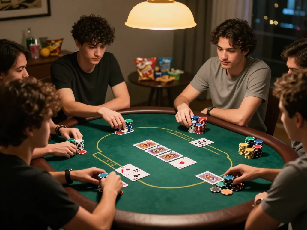Home poker night with players enjoying competitive gameplay while creating Chatgpt caricature profiles.