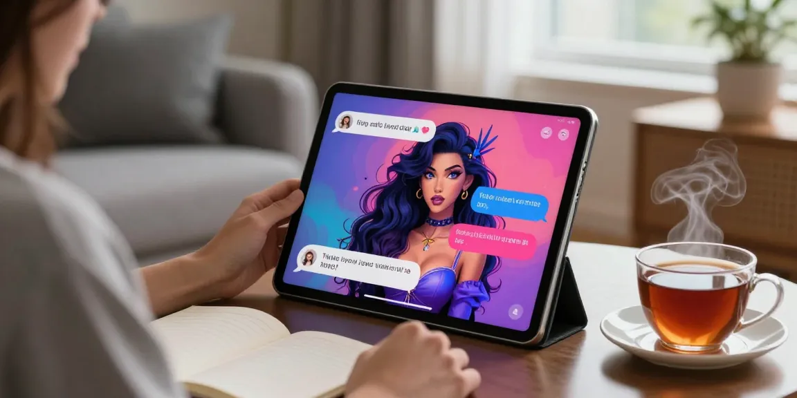 Engaging nsfw ai interaction on a tablet in a cozy modern setting.