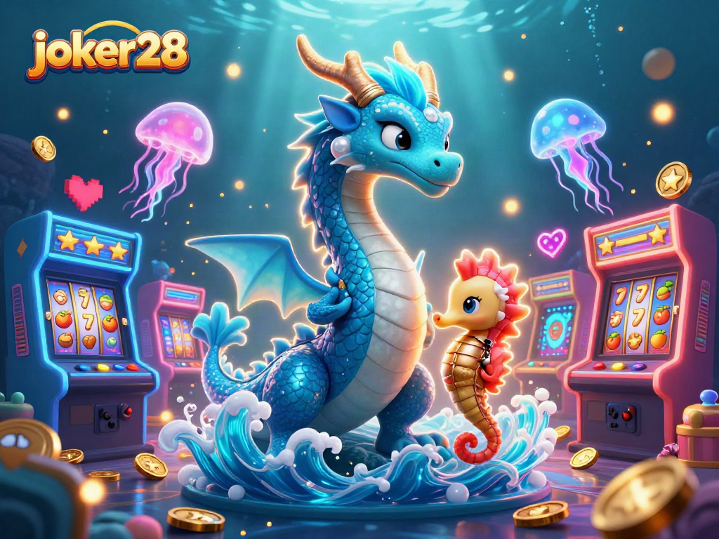 Mainkan joker28 di dunia kasino dengan naga air 3D, ksatria kuda laut, dan mesin slot berkilauan.