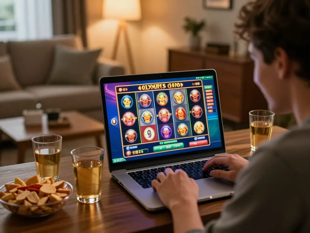 Engaging player spinning the Olympus slot in a cozy home setting, highlighting online gambling excitement.