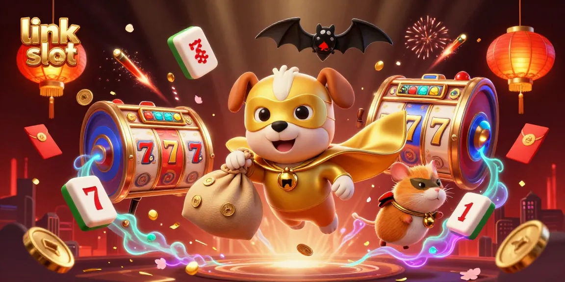 Permainan link slot menampilkan superhero anjing terbang dengan koin emas, dikelilingi oleh elemen kasino.