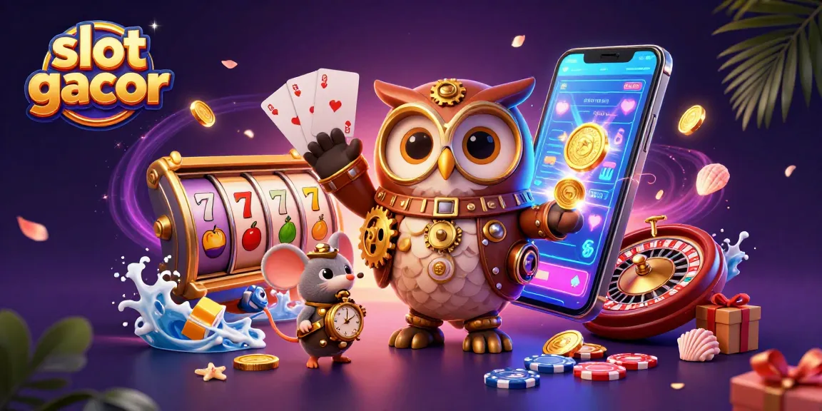 Engaging slot gacor scene with a time-traveler owl, colorful slot game elements, and dynamic casino visuals.