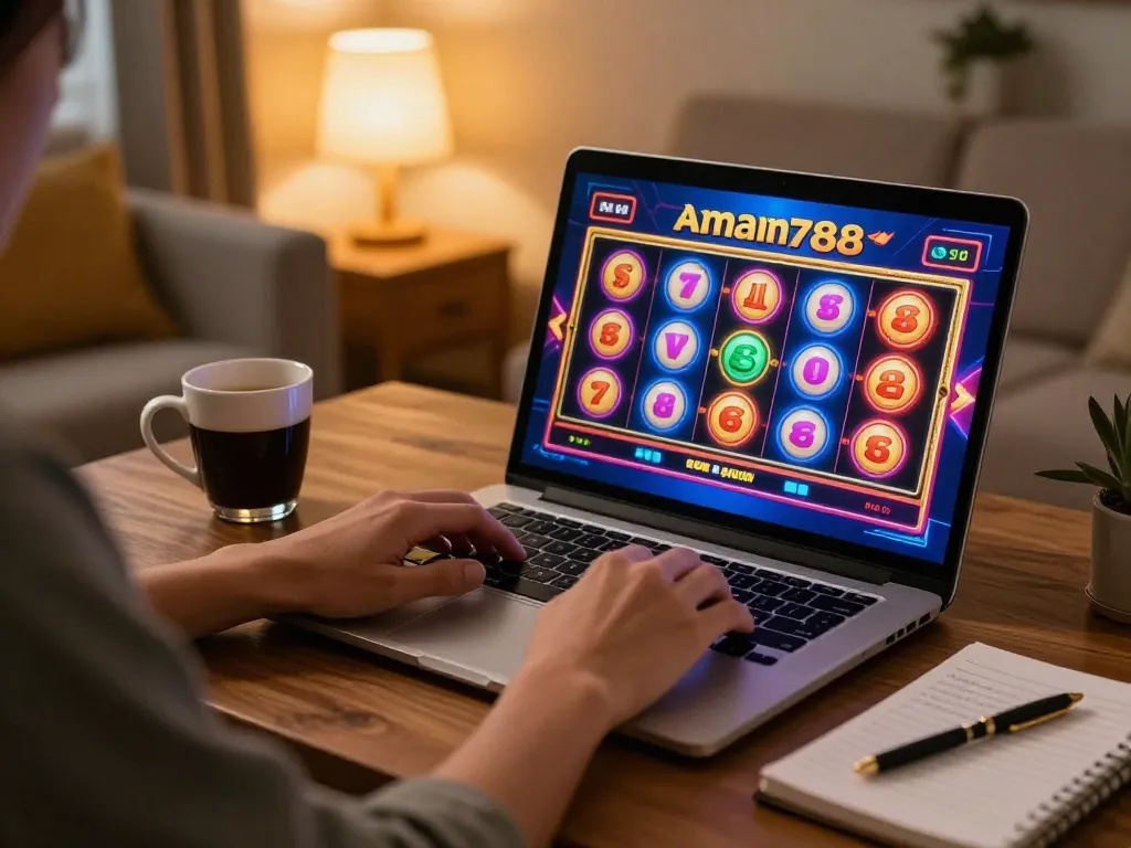 Engaging scene of a person playing aman788 slot gacor on a laptop, with a warm, welcoming home atmosphere.