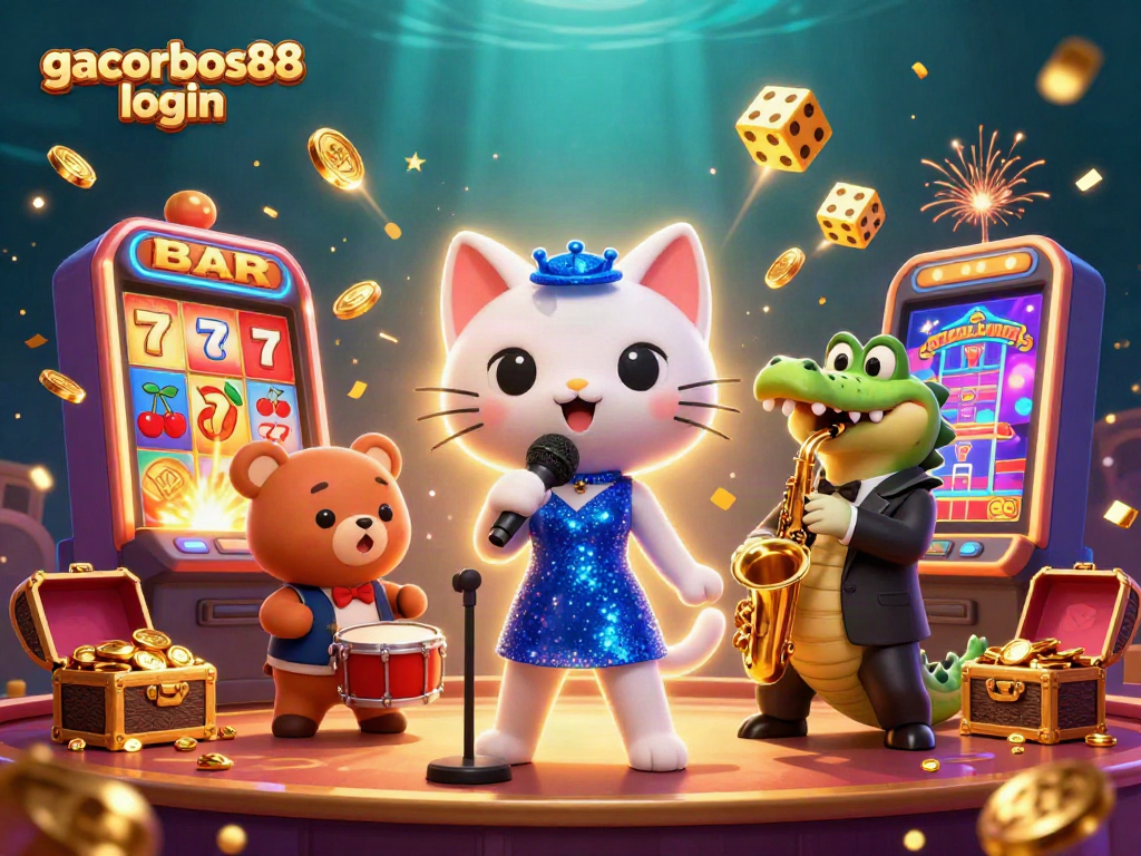 Play and win with gacorbos88 login at a vibrant cartoon casino scene featuring fun characters.