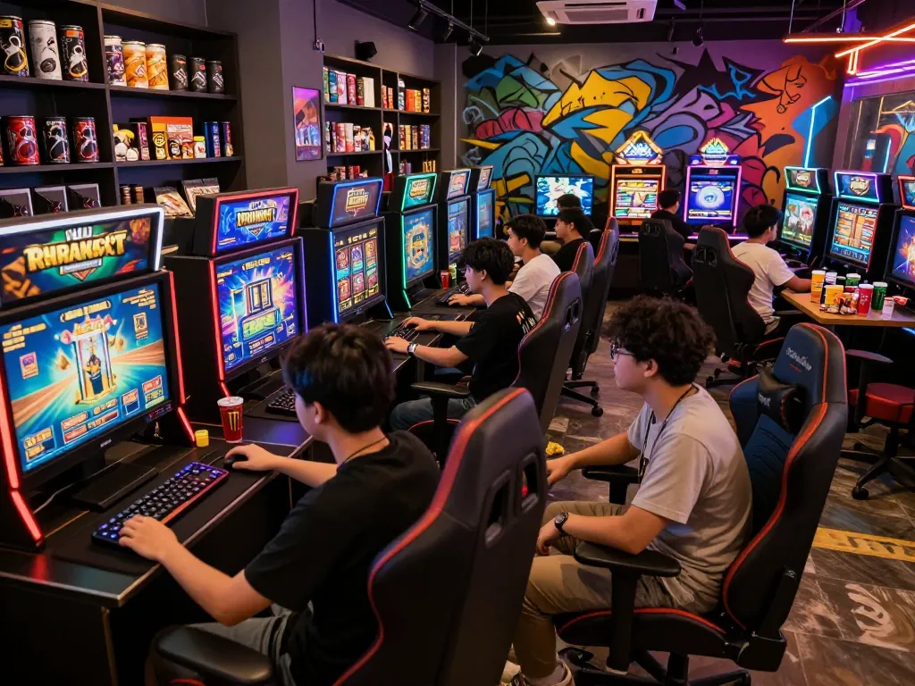 Group of gamers enjoying the kerajaanslot gaming experience in a vibrant lounge.
