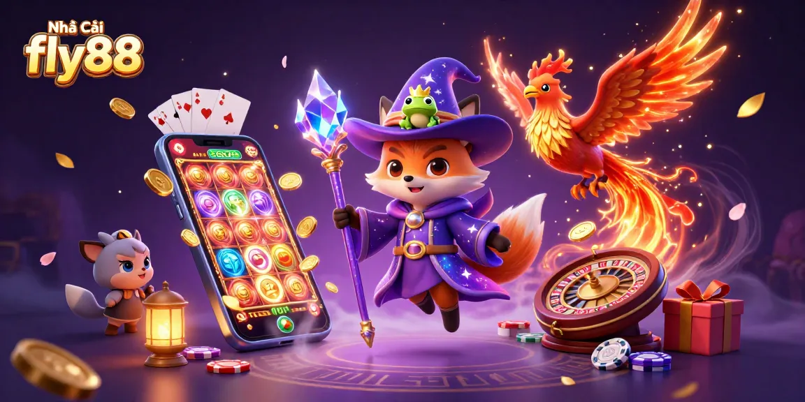Experience the thrill of Nhà Cái fly88 with 3D wizard fox and phoenix in a dynamic casino scene.