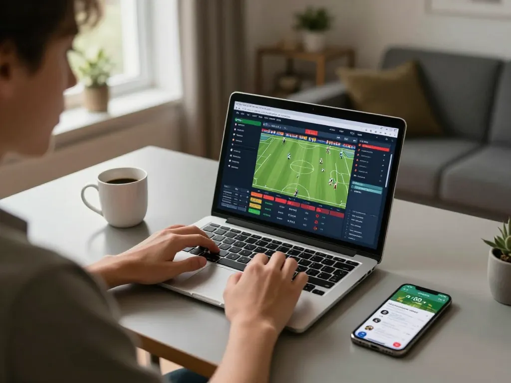 Person engaged in sports betting on laptop, showcasing ok8386a gaming strategies and sports analytics.