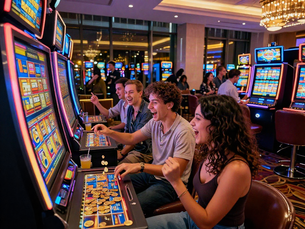 Group of friends enjoying a lively toto slot game in a vibrant casino.