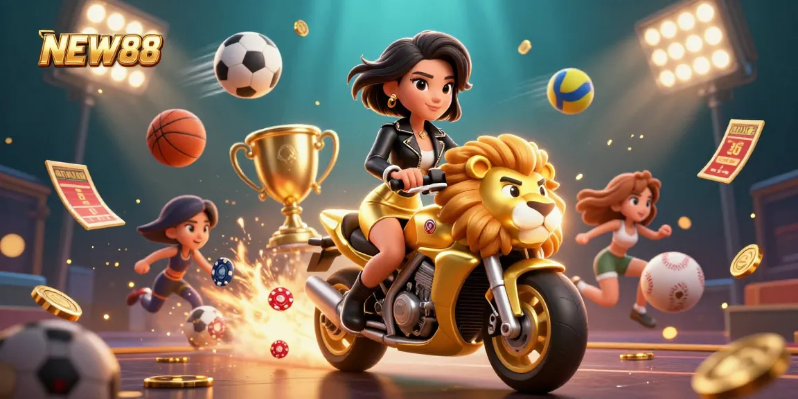 Engage with NEW88's dynamic gaming experience, featuring vibrant characters and sports elements.