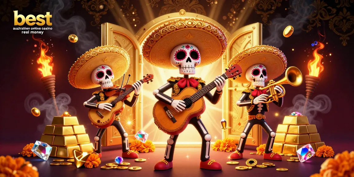 Engage with the best australian online casino real money in this vibrant casino scene featuring a colorful mariachi band.