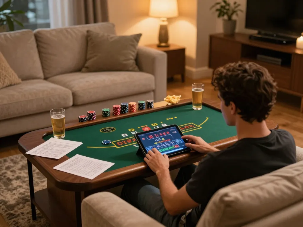 Engaging in online blackjack at home on https://goal123.ac/ with cozy ambiance and betting strategies
