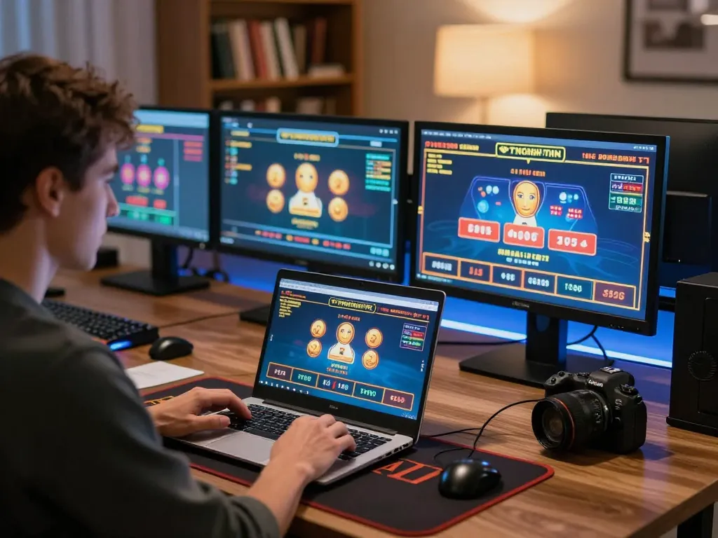 Engaging in strategic gameplay at 789winf online gaming setup with multiple screens, creating a focused atmosphere.