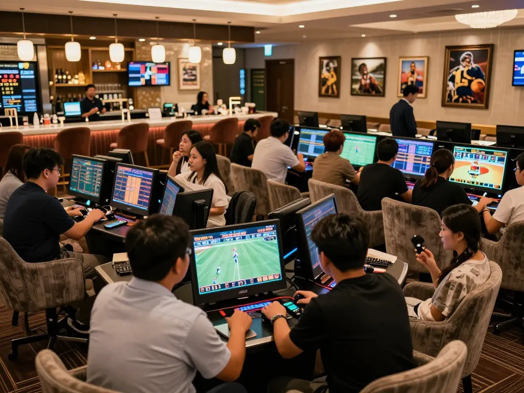 Kèo nhà cái 5 sports betting excitement with guests discussing bets in a lively casino lounge.