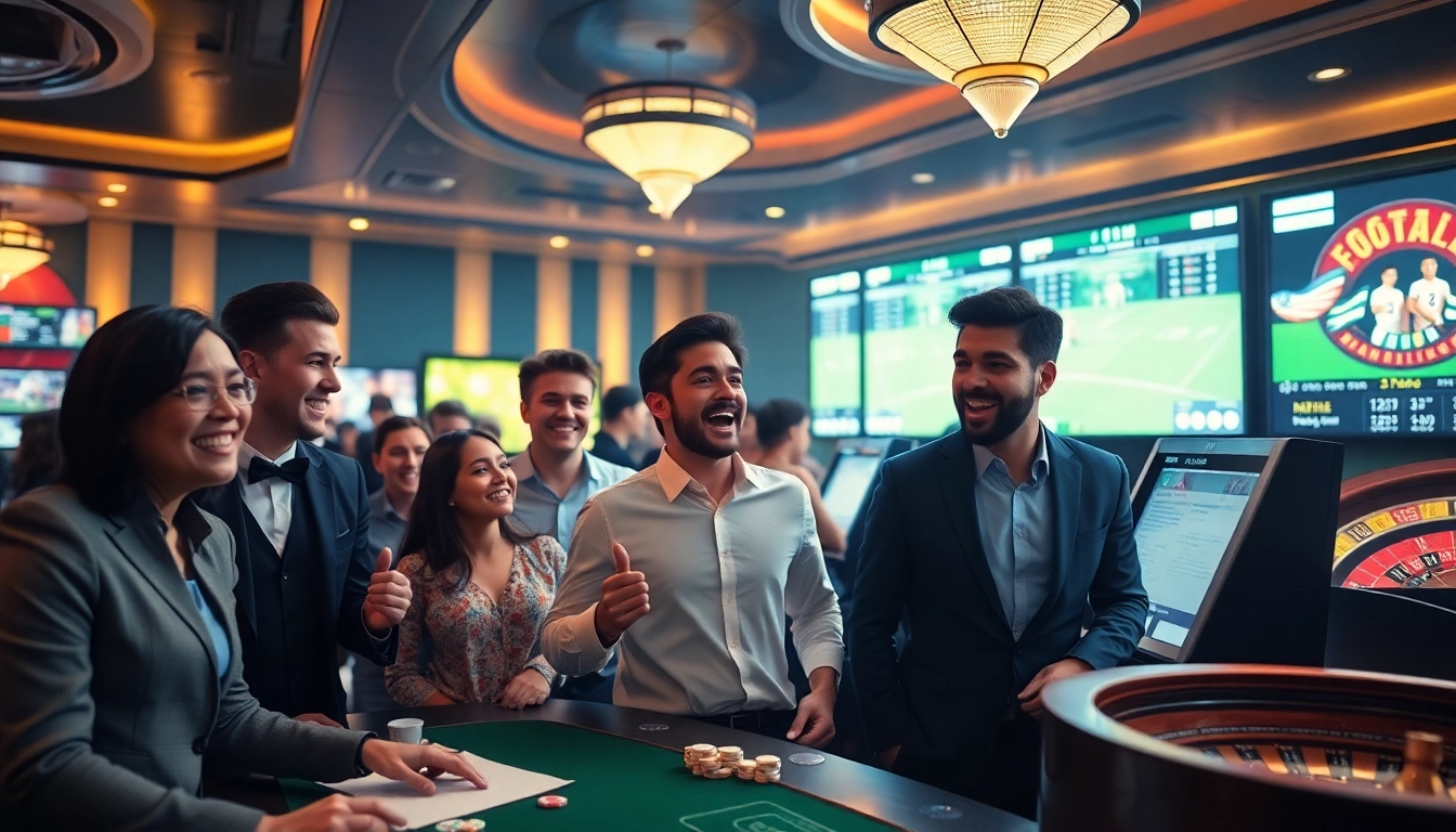 Excited gamblers engage in sports betting at a high-end sportsbook, exploring สมัครแทงบอล opportunities in a luxurious atmosphere.