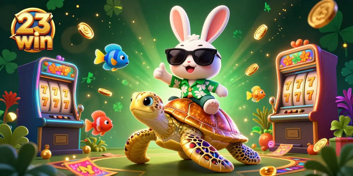 Engage with 23 win's casino experience featuring a lucky rabbit and golden turtle in vibrant gaming scene.