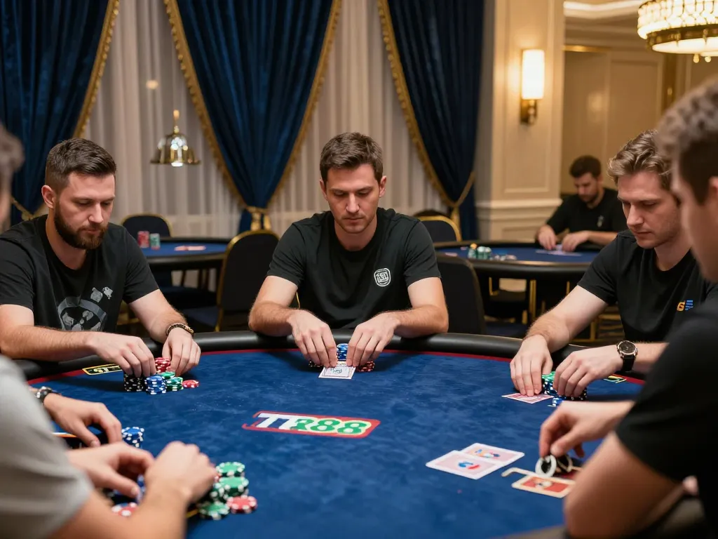 Experience tension during a high-stakes poker game at TR88 with players focused and chips stacked.