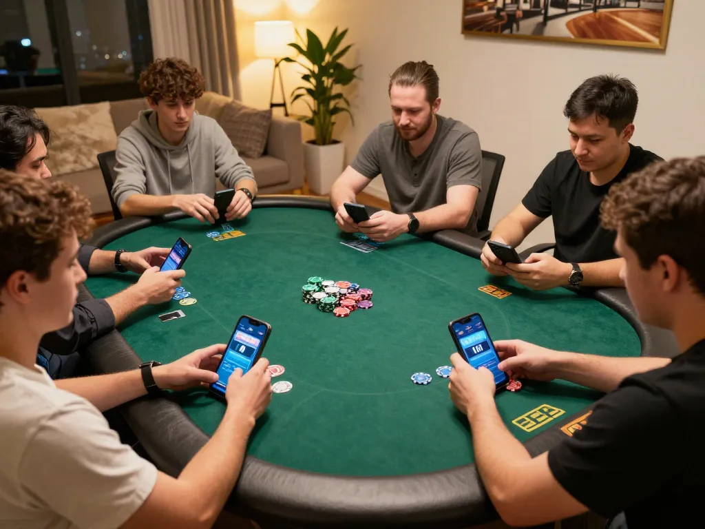 Players engaging in competitive online poker strategy with link mm88 on their screens in a cozy home setting