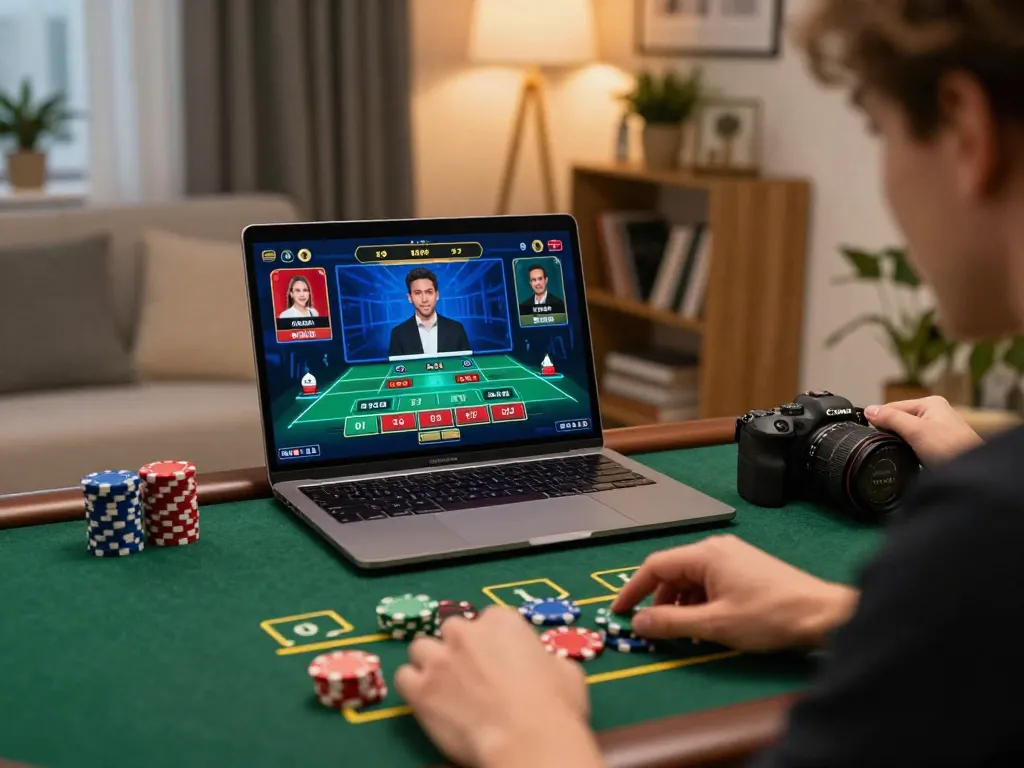 Player enjoying an engaging blackjack game on TR88 with vibrant living room backdrop, showcasing dynamic online gambling.
