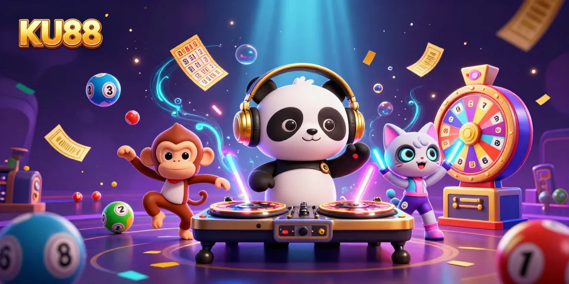 Experience the excitement of KU88 with a dynamic 3D illustration filled with casino elements.