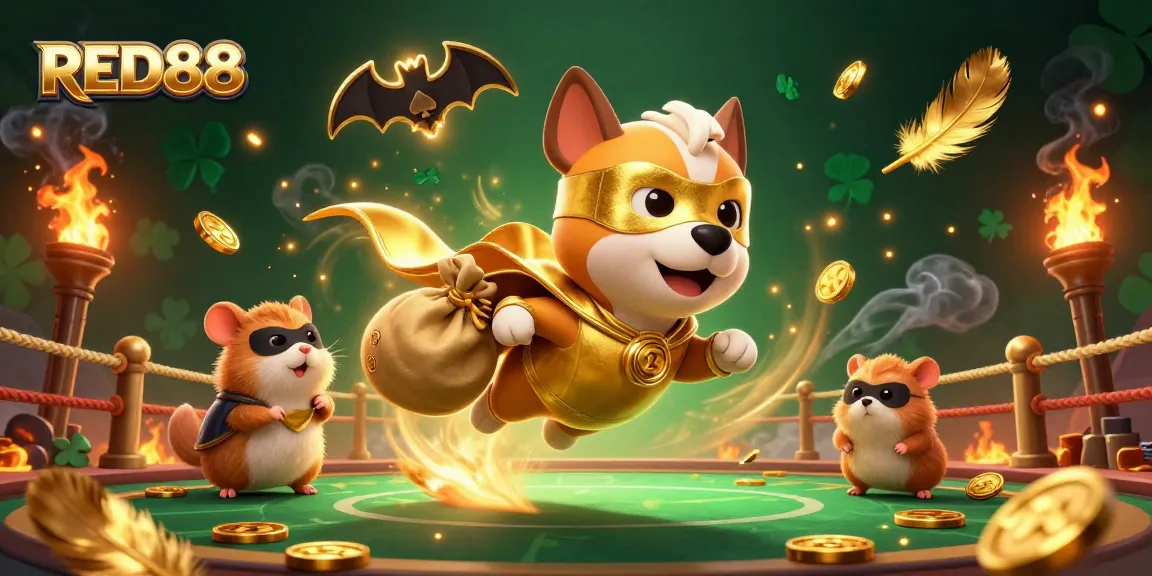 Experience the thrill of RED88 in a vibrant 3D scene with a superhero dog, gold coins, and casino elements.