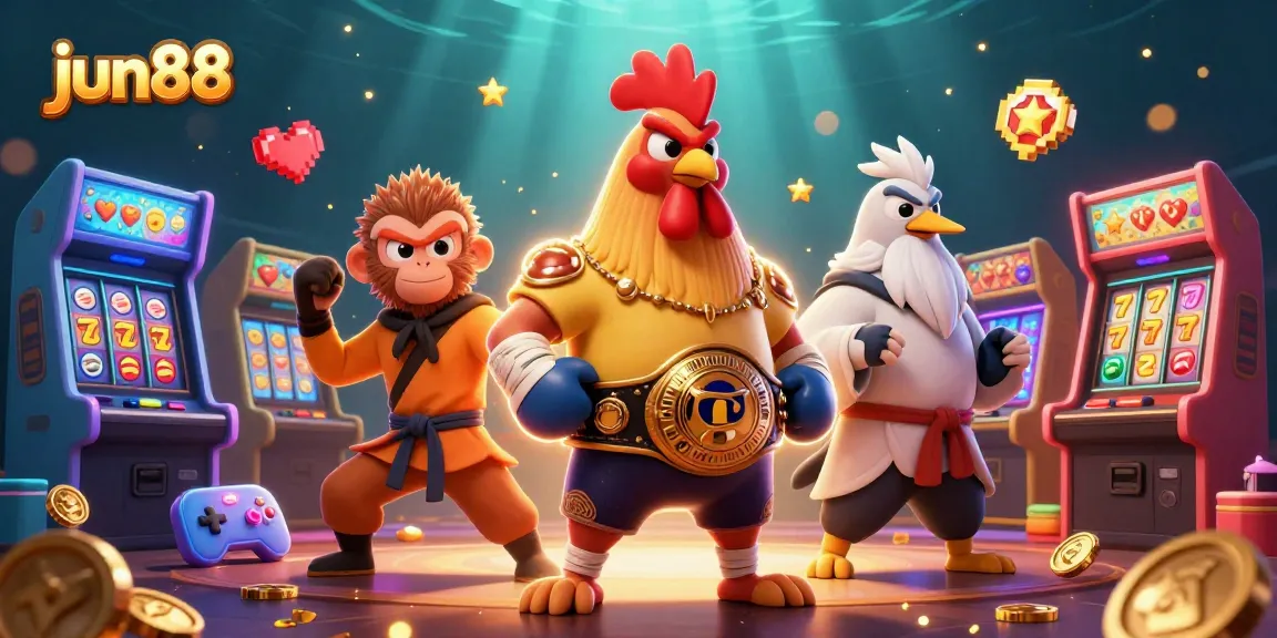 Join the excitement at jun88 as characters battle it out in a vibrant 3D casino scene filled with slot game action.