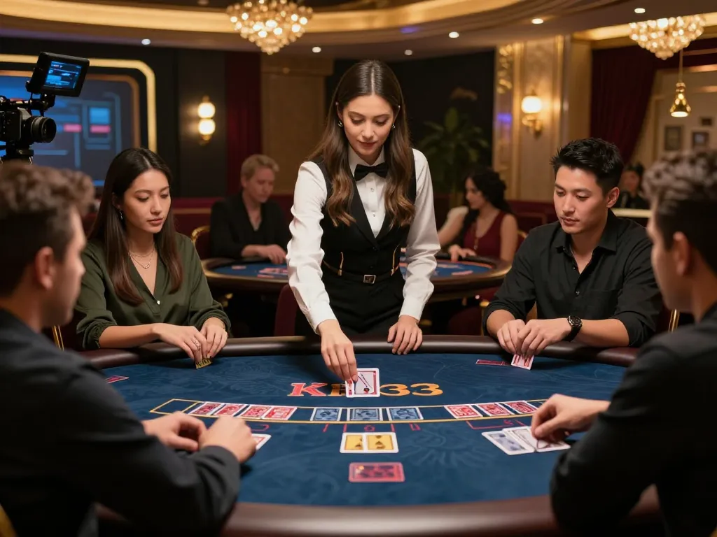 King33 players enjoying live dealer blackjack with engaging dealer and luxurious setting