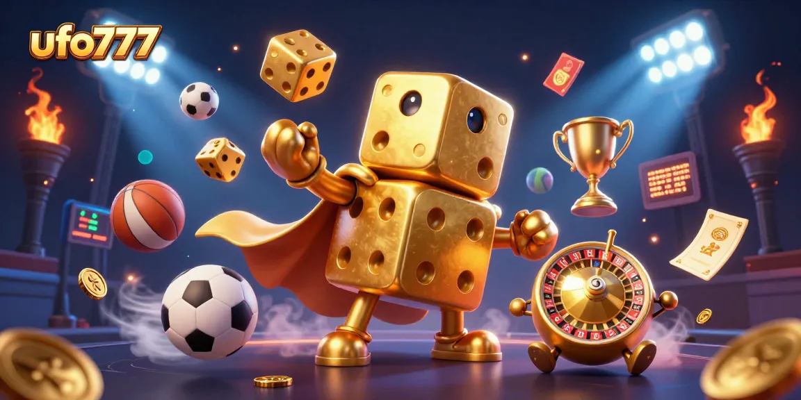 Engage with ufo777 as golden dice and sports elements create a dynamic gaming scene.