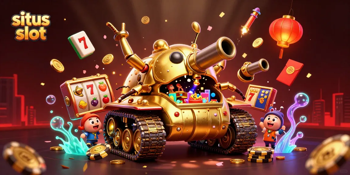 Situs slot dengan tank laba-laba emas raksasa yang memiliki kasino mini di dalamnya dan simbol slot menyerupai keberuntungan.