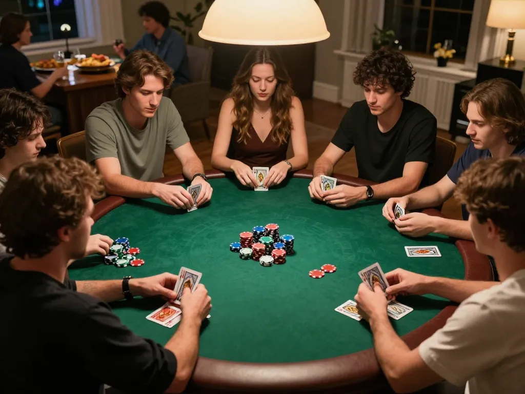 Players enjoying a friendly poker game at home, showcasing vn23's community-focused gambling atmosphere.