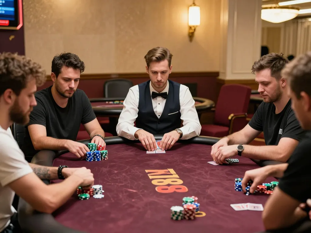 Players strategizing in a high-stakes poker game at Tr88 Vina casino, showcasing intense competition and excitement.